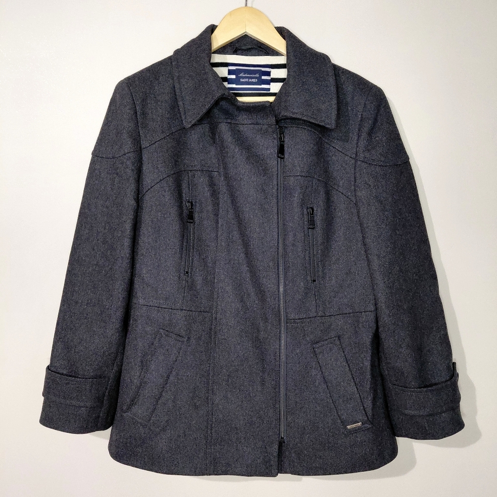 Saint James Large Size 14 Charcoal Grey Wool Women's Pea Coat